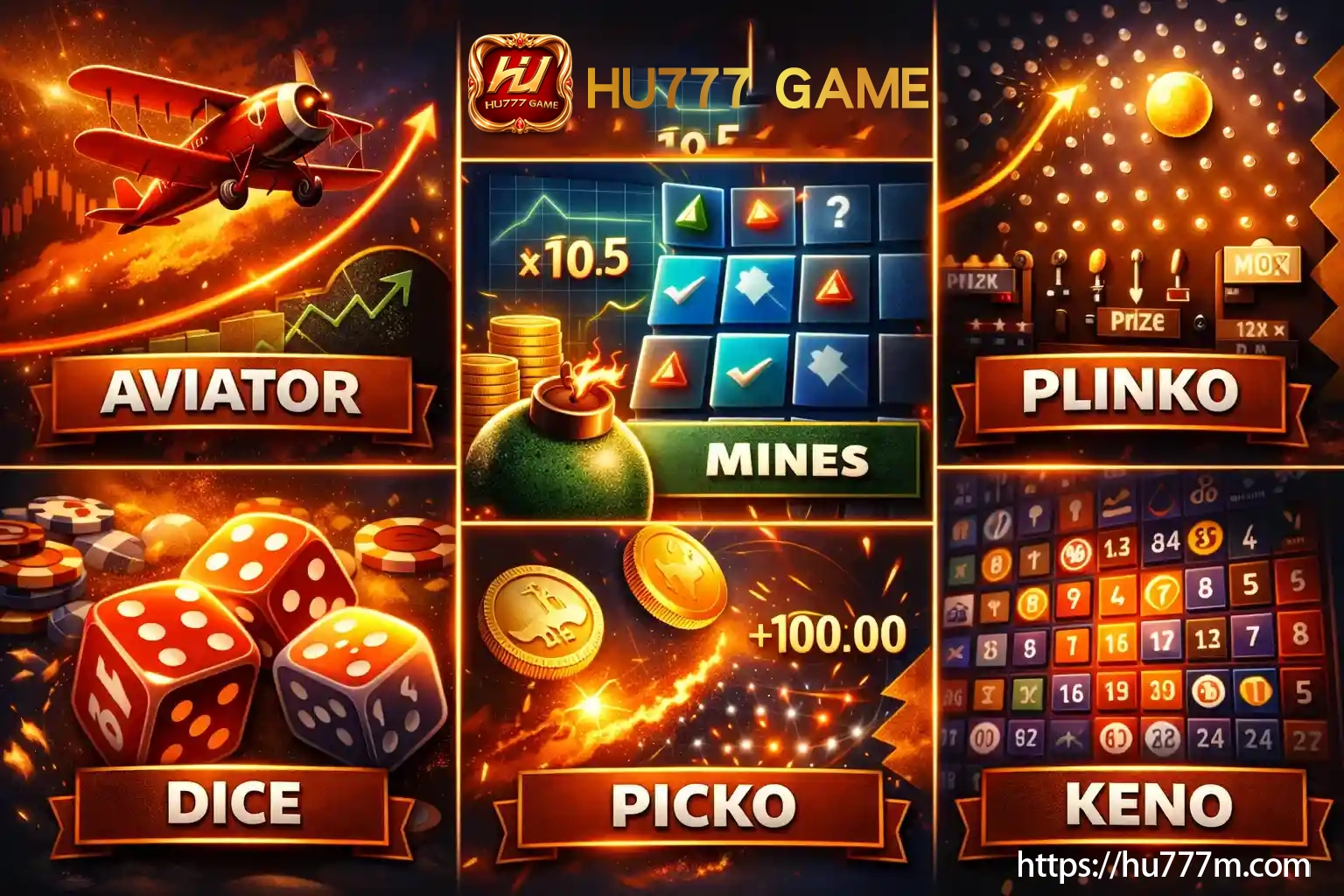 Aviator, Mines, Plinko, Dice and Keno collage